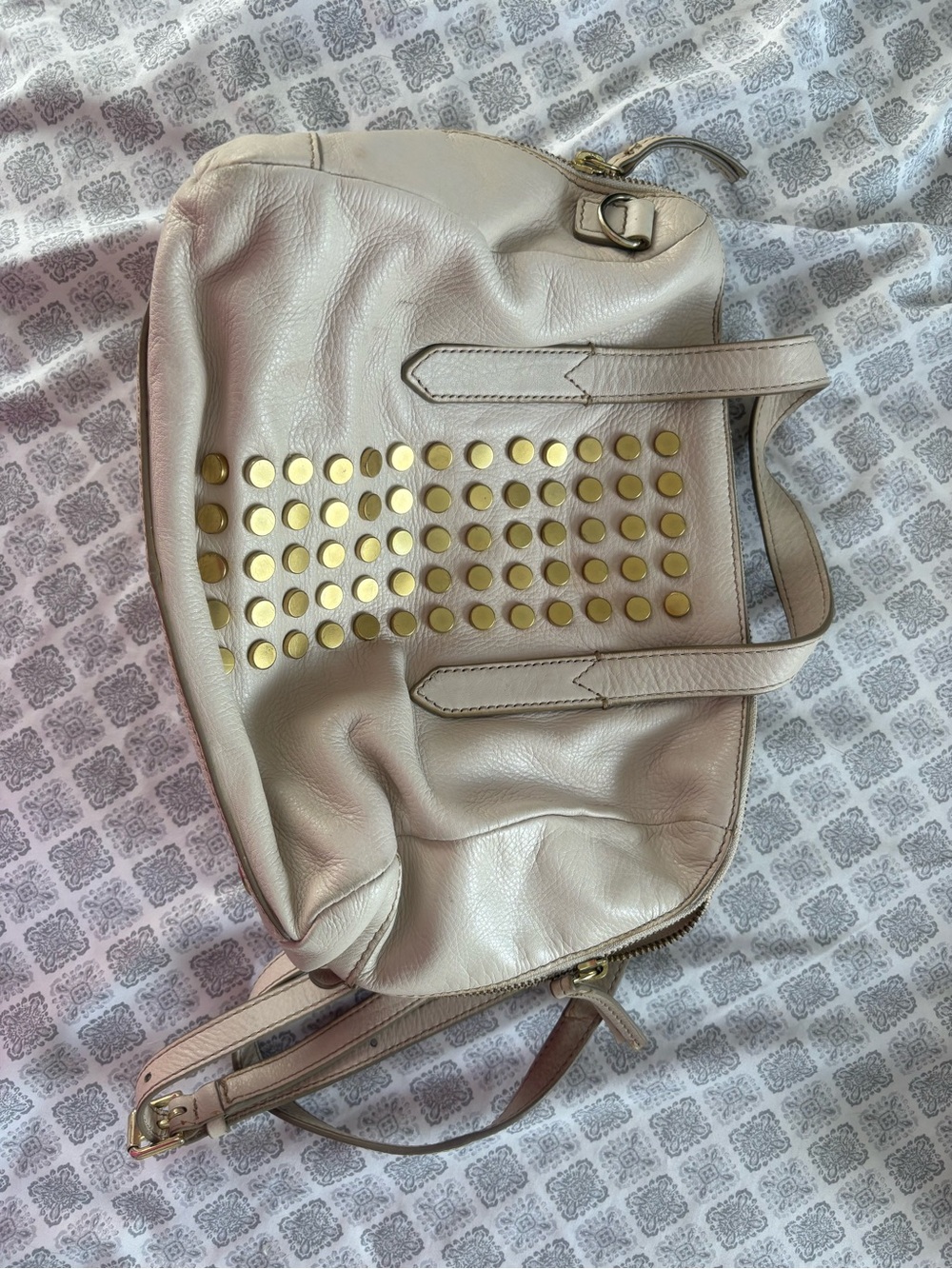 Fossil Crossbody Studded Leather Tote Bag with Gold Accents